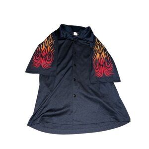 Vintage Black Button-Up Shirt | Velvety Tribal Flame Sleeves | Small (Oversized